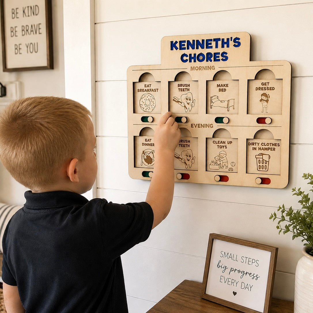 Personalized Wooden Routine Chart for Child with Chore Sliders and Interchangeable Task Cards