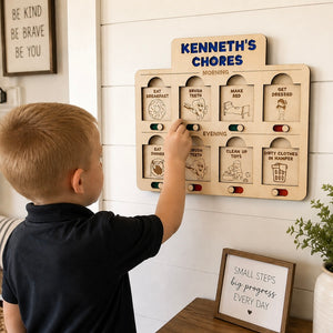 Personalized Wooden Routine Chart for Child with Chore Sliders and Interchangeable Task Cards