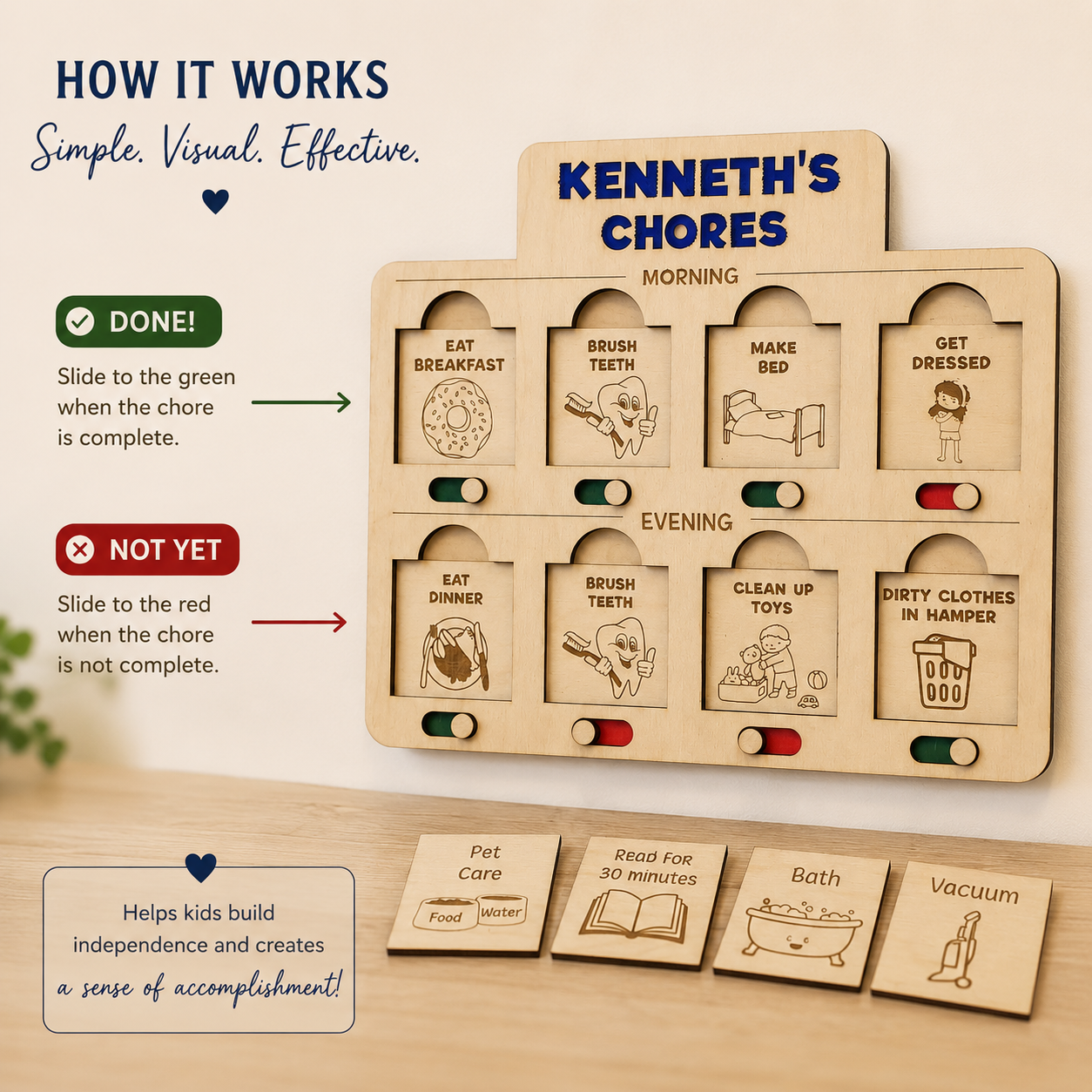 Personalized Wooden Routine Chart for Child with Chore Sliders and Interchangeable Task Cards