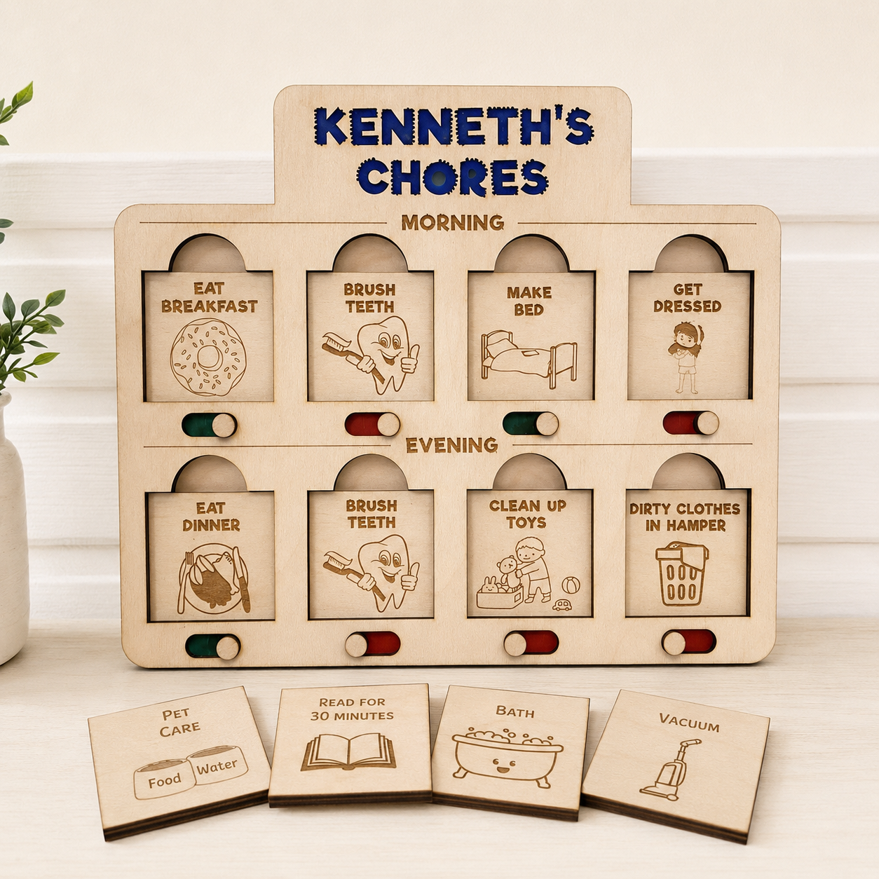 Personalized Wooden Routine Chart for Child with Chore Sliders and Interchangeable Task Cards