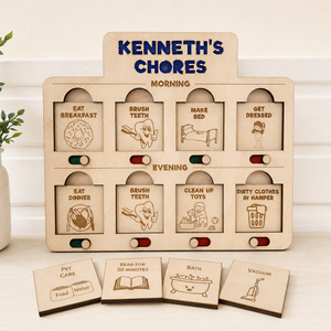 Personalized Wooden Routine Chart for Child with Chore Sliders and Interchangeable Task Cards