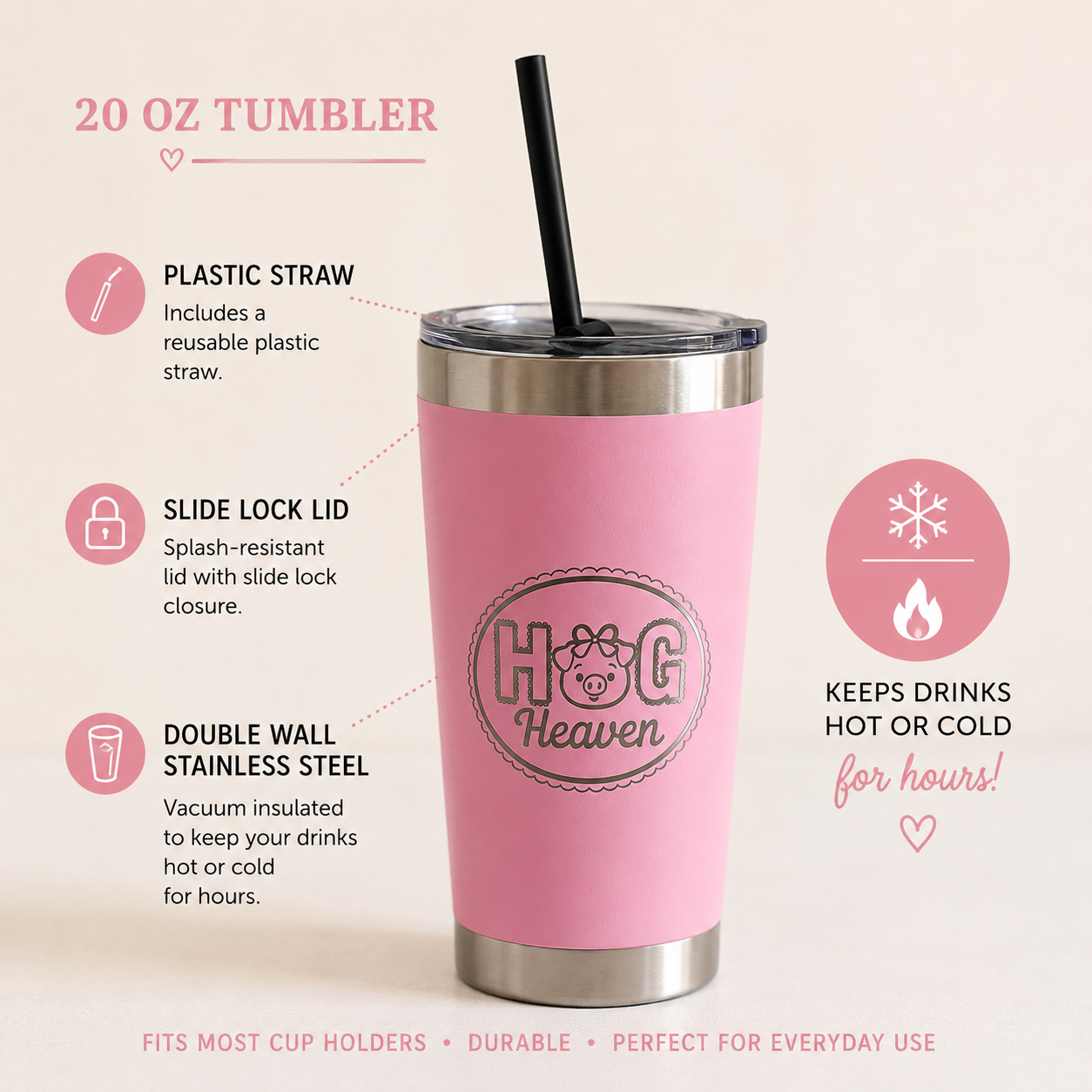 Hog Heaven Pig Lover Engraved 20 oz Stainless Steel Tumbler